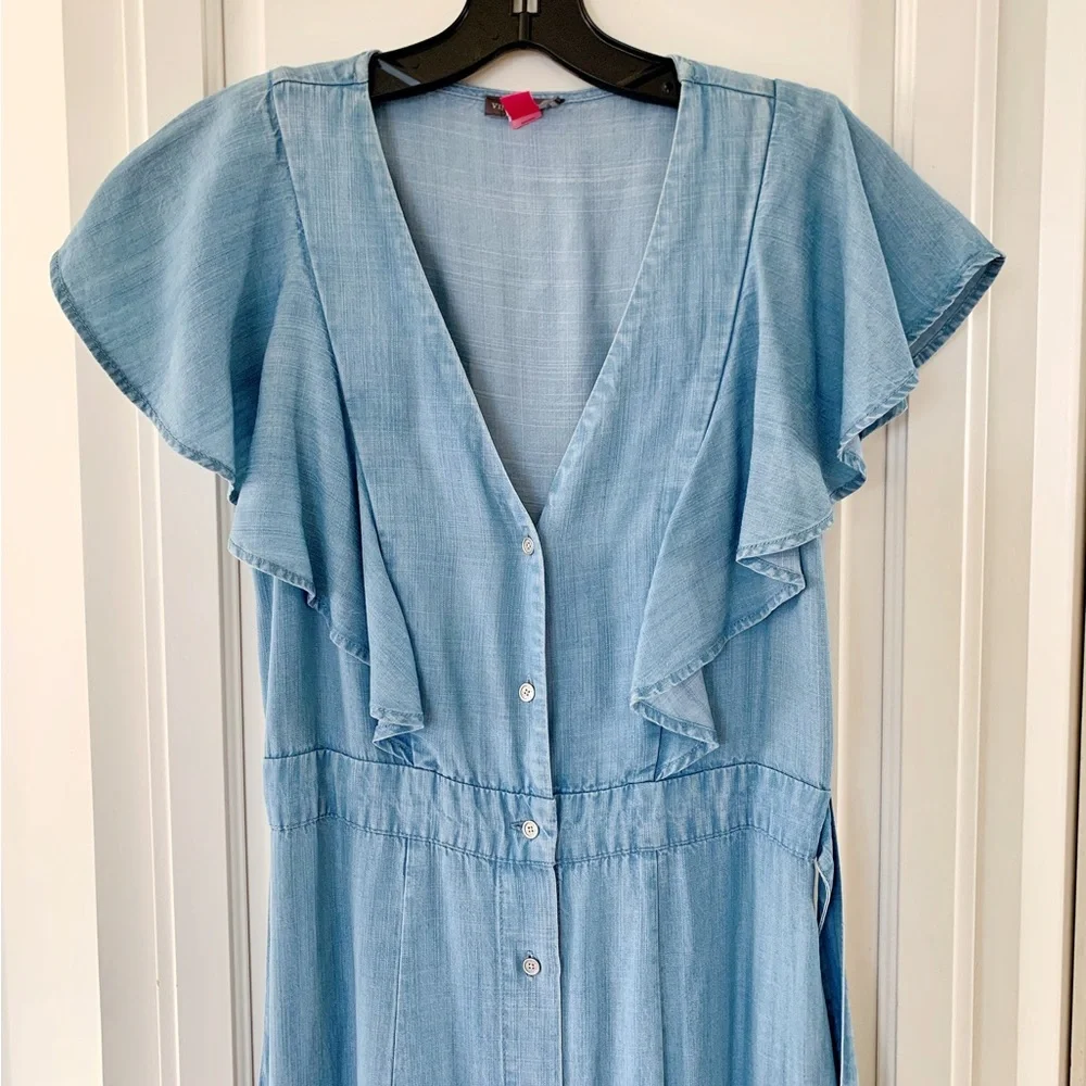 Vince Camuto Women's Blue Ruffled Button Front Chambray Shirt Dress Size…